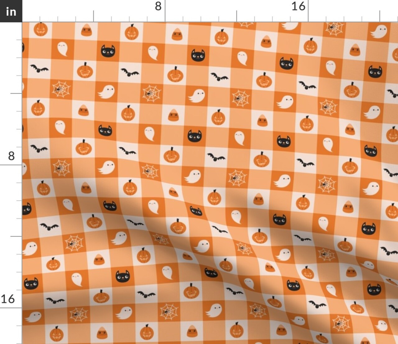 Orange Plaid Kids Illustration Halloween Ghost Pumpkin Spiderweb Jack O Lantern Black Cat Custom Printed Fabric by Spoonflower Various Fabrics by the Yard or Fat Quarter
